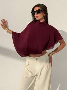 Aloruh Romantisk Stand Collar Cape Asymmetrisk Fåll Dubbelskiktad Chiffong Lila Damblus - Rödviolett - Visa 7