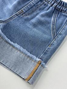 SHEIN Baby Boy Blue Patchwork Frayed Pocket Loose Denim Shorts - Medium Wash - View 4