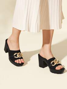 CUCCOO BASICS Woman Shoes Chain Decor Mule Sandals For Summer Vacation Shoes Summer Back To School Shoes College Student Shoes Christmas Fall New Year Holiday Valentine's Day - Black - View 3