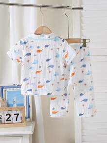2pcs Dozemod Kids Baby Boy Cute Bear Pattern Lapel Cardigan Short Sleeve Pants Casual Loose Pajamas Set