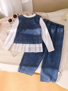 Elladie kids Young Girls Fashion Cute Little Heart Pattern Sleeveless Vest Camisole With White Long Sleeve Round Neck Top And Casual Denim Pants Jeans Set Kids Long Sleeve Sets Childrens Jeans Set 2 Piece Denim Sets Girl Clothes Set Little Girl Denim Set Daddy's Valentine Kids Jeans Set Childrens Denim Outfit - White - View 2