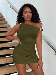 Alexandranx Fitted Ruched Metal Button Decoration Army Green Dress - Army Green - View 5