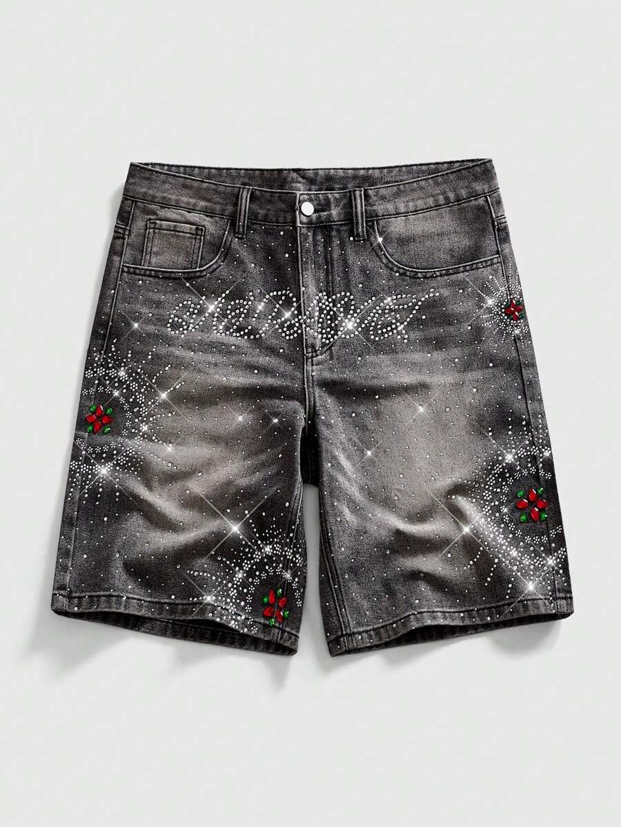 ROMWE MEN Men's Fashion Washed Rhinestone Denim Shorts - Black - View 1