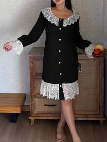 DAZY Charming Contrast Color Lace Patchwork Short Women Nightgown - Black - View 6