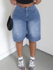 Alexandranx Quần short denim rộng rãi, giặt thường ngày cho nữ - Màu xanh lam - Xem 5