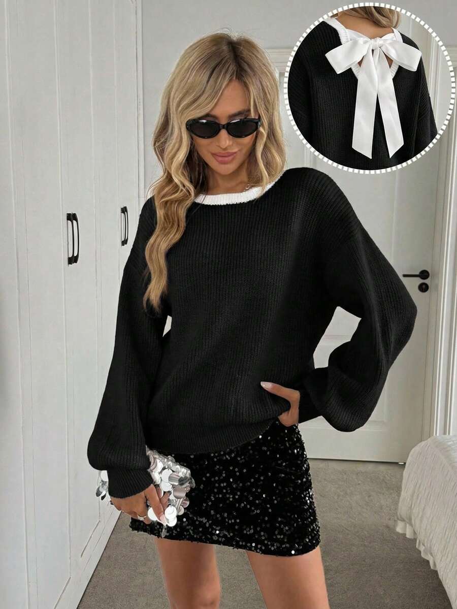 Easowa New Spring Korean Style Soft & Slouchy Backless Bow Knitted Pullover Sweater For Women - Black - View 1