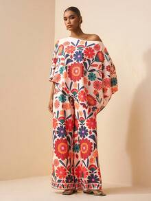 Zivah 2026 Spring/Summer Women's Casual Commuter Loose-Fitting One-Shoulder Action Print Irregular Print Top + High-Waisted Wide-Leg Pants Two Pieces Set Is Suitable For Occasions Such As Back To School, Vac - Orange - View 5