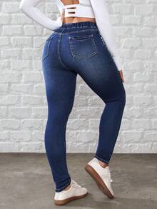 SHEIN Tall Women's Drawstring Waist Skinny Casual Commuting Jeans - Medium Wash - View 2