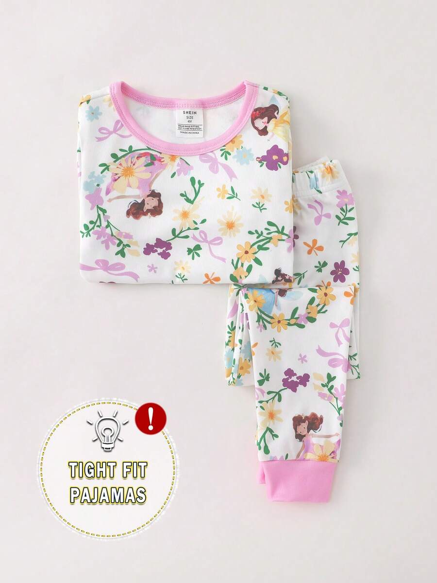 2pcs/Set Cute Princess Girl Floral Print Casual Comfortable Snug Fit Girls Pajama Set, Short Sleeve Top And Long Pants, Homewear - Multicolor - View 1