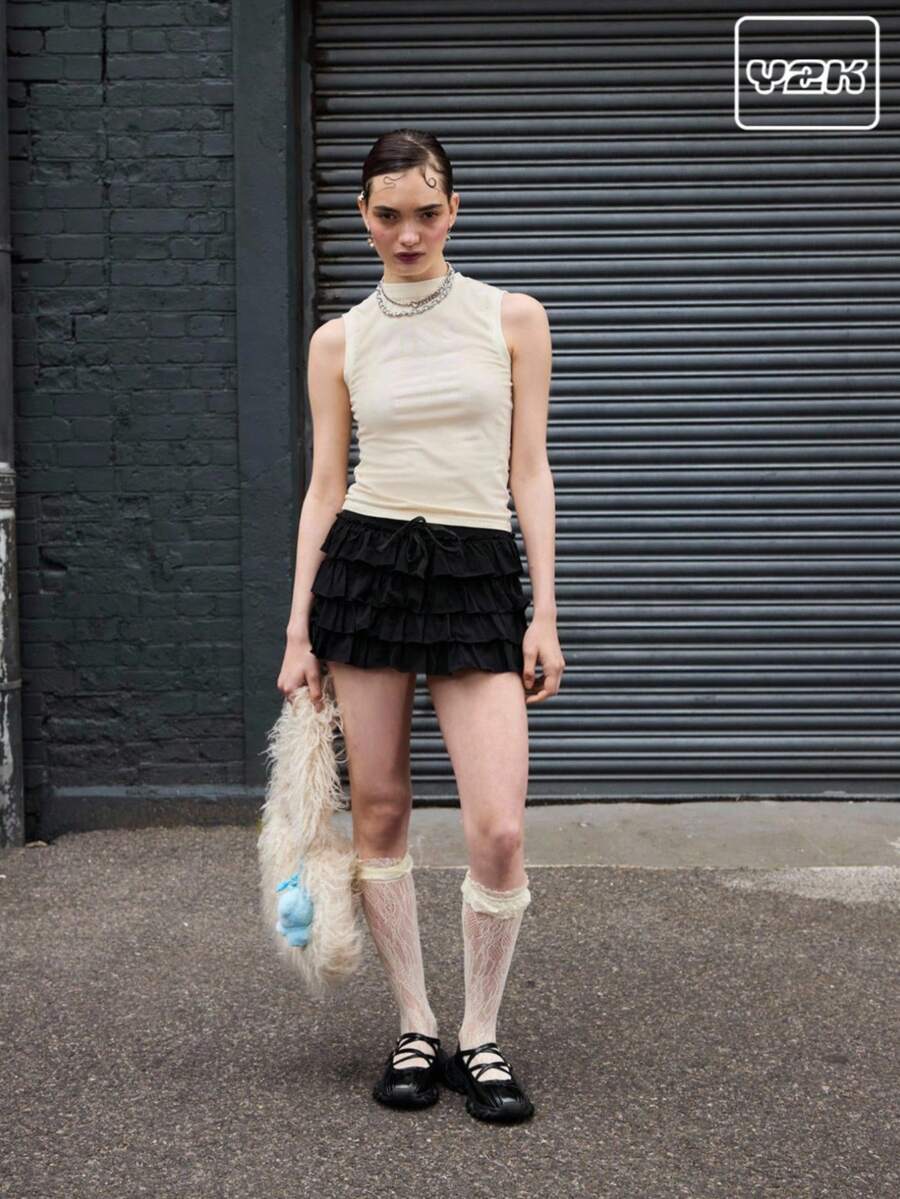 COUREZ Minifalda de cintura baja Y2K con capa interior corta de verano para mujeres - Negro - Ver 1