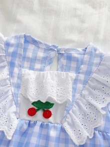 Baby Girls' Fashion Blue & White Patch Elegant Lace Cute Cherry Print Puff Sleeve Long Sleeve Top Paired With Ruffle Hem Pants 2 Piece Pajama Set 2pcs Set Toddler Girls Cute Toddler Sets Baby Clothes Girl Flounce Sleeve Checkered Baby Clothes - Blue and White - View 8