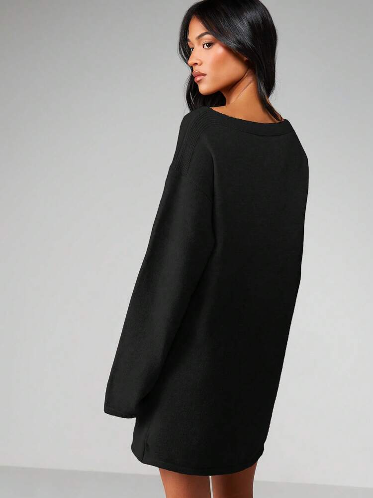 MISSGUIDED Vestido de suéter de punto de cuello en V con manga larga para otoño e invierno, informal, oversize y de corte holgado