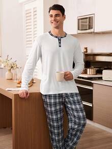 CoupledUp Plaid Print Button-Front Long Sleeve & Pants Men Pajama Set - Multicolor - View 4