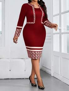 SHEIN Lady CURVE 大码优雅几何印花修身连衣裙，适合通勤穿着。 - 酒紅色 - 查看 4