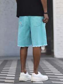 Manfinity Roughcore Men's Casual Washed Distressed Denim Shorts Teal Jean Shorts Men - Green - View 2