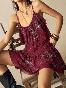 Bohemela Áo hai dây đính hạt màu đỏ phong cách Bohemian BOHO dành cho nữ - Màu Đỏ Sâu - Xem 7