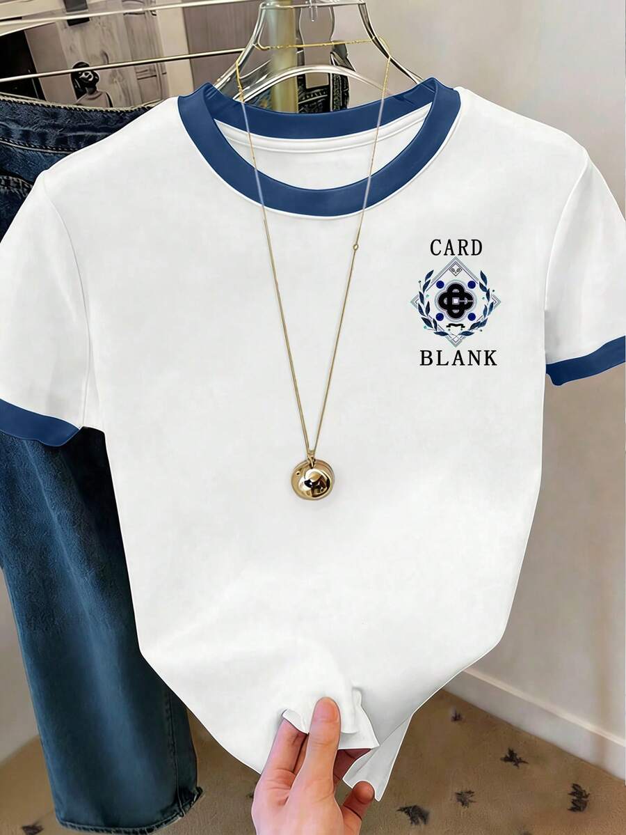 Resyla Women's Casual Daily Commute Letter Print Round Neck Contrast Striped Binding Trim T-Shirt, Summer - White - View 1