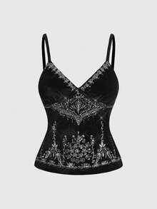 ROMWE Goth Women's Vintage Sequin Embroidered Velvet Camisole