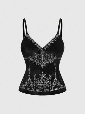 Goth Camiseta de tirantes de terciopelo con bordado de lentejuelas vintage para mujer