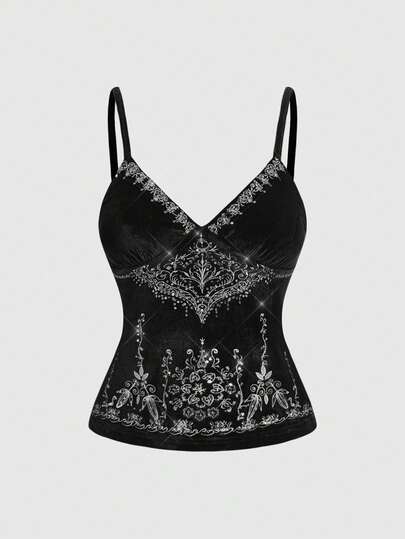 ROMWE Goth Women's Vintage Sequin Embroidered Velvet Camisole