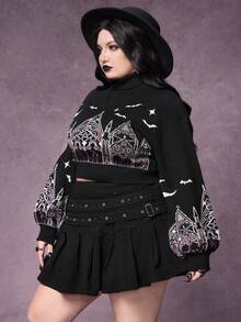 ROMWE Áo len cổ cao phối màu tương phản họa tiết lâu đài và thánh giá kiểu Gothic dành cho nữ, cỡ lớn. - Màu tím - Xem 5