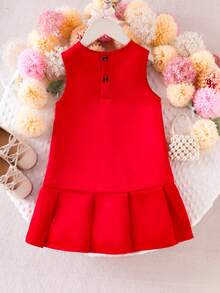 Elladie kids Đầm công chúa màu đỏ trơn không tay, xếp ly, thắt nơ, tối giản, thanh lịch cho bé gái, thích hợp mặc mùa hè, ngày Valentine. - Đỏ - Xem 2