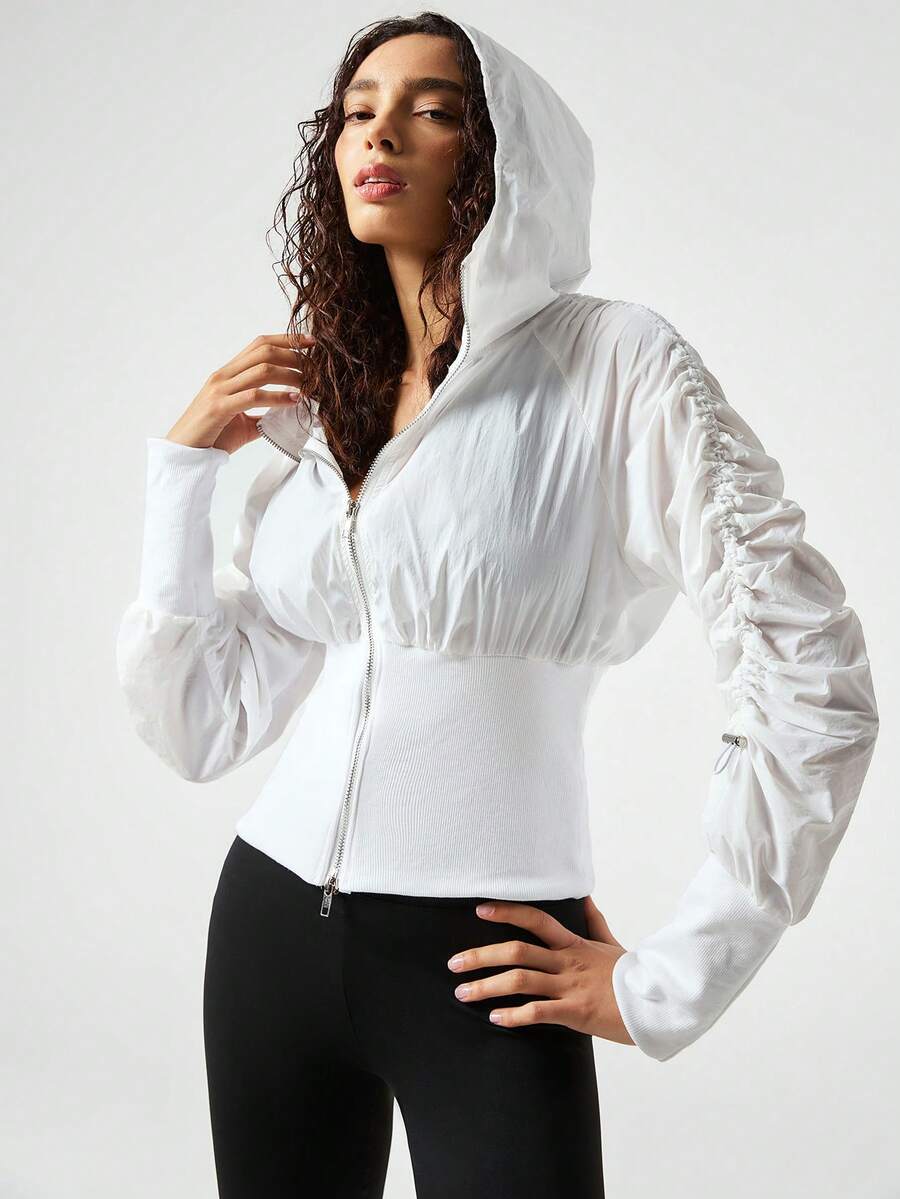 Zielony Women's Drawstring Ruched Zip-Up Hooded Sports Jacket,White Autumn Athletic Gym Lightweight Outerwear For Casual Commute Date Home Office,Solid Color - White - View 1