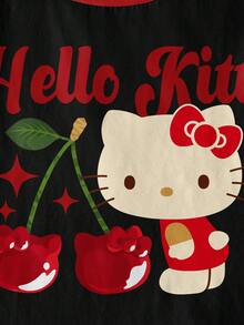 HELLO KITTY AND FRIENDS | SHEIN 女童夏季休闲猫咪樱花印花边饰短袖T恤 - 白色 - 查看 4