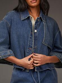 Athîral Women's Single Breasted Shoulder Down Casual Loose Blue Denim Jacket, Handsome Street Denim Jacket, Loose Cape Style Jacket, Go Out Outfit, Versatile Item, Spring/Summer Outfit, Spring Break Outfit, - Blue - View 2