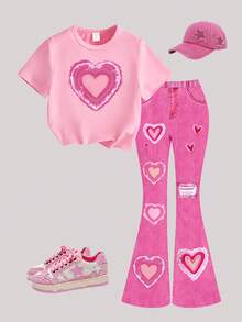 春夏少女休闲时尚创意个性清新可爱简约牛仔风爱心印花休闲T恤和喇叭裤套装，舒适日常穿着，温暖的夏秋款式，适合年轻女孩。 - 彩色 - 查看 3