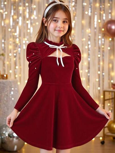 Pitira 少女纯色丝绒蝴蝶结仿珍珠串珠优雅连衣裙，红色圣诞连衣裙，红色连衣裙，派对连衣裙，丝绒连衣裙，蝴蝶结，女童红色连衣裙，女童圣诞服装，少女圣诞连衣裙，少女酒红色连衣裙，青少年冬季连衣裙，少女红色圣诞连衣裙，少女优雅长袖连衣裙
