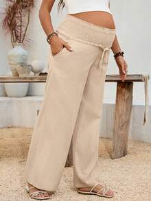 SHEIN Quần bầu ống rộng màu trơn có dây rút ở eo - Màu Khaki - Xem 4
