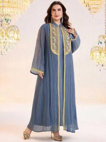 Al Najma Plus Size Women Ribbon Trim Long Sleeve Arabic Abaya Dress & Gown Elegant Set - Dusty Blue - View 7