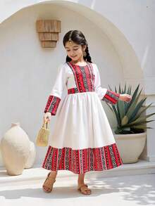 Young Girl Long Sleeve Ivory White Dress,Autumn Retro Print Patchwork Middle Eastern Kids Arabic Elegant Party Long Dresses,Family Matching Outfits - White - View 5
