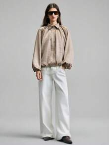 Ontre 2026 Spring/Summer New Batwing Sleeve Metallic Deep V-Neck Ruffle Hem Women's Blouse, Suitable For Modern Urban Party, Back To School Season, Urban Minimalist Casual Daily Wear, Bohemian Style, Vacation, Festivals, Spring, Valentine's Day Carnival Outfit, Women's Beach & Party Elegant Wear - Khaki - View 4