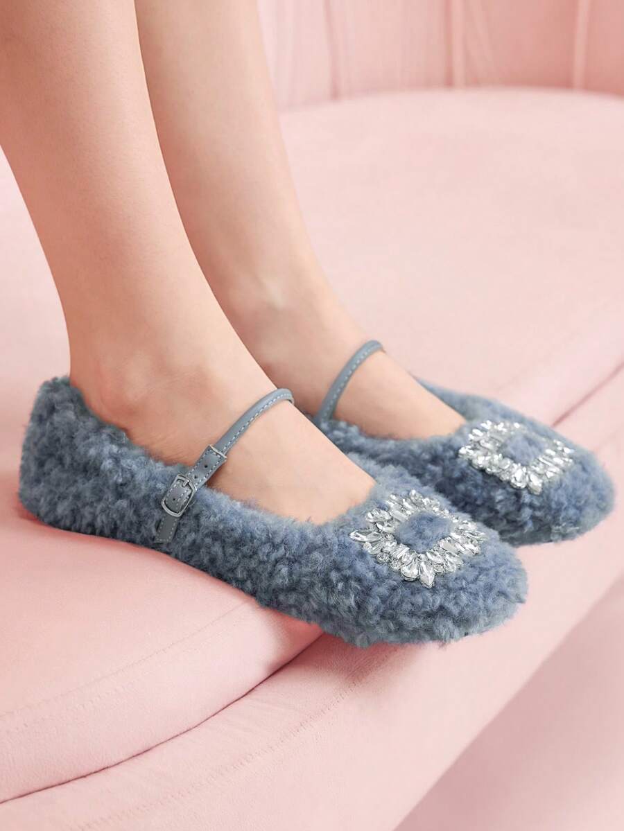 CUCCOO DOLLMOD Rhinestone Decor Plush Casual Comfortable Versatile Flat Shoes, Suitable For Daily Commute Valentine's Day - Blue - View 1