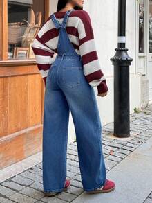 SHEIN EZwear Women's Fashionable Casual Washed Denim Bib Pants - Medium Wash - View 2