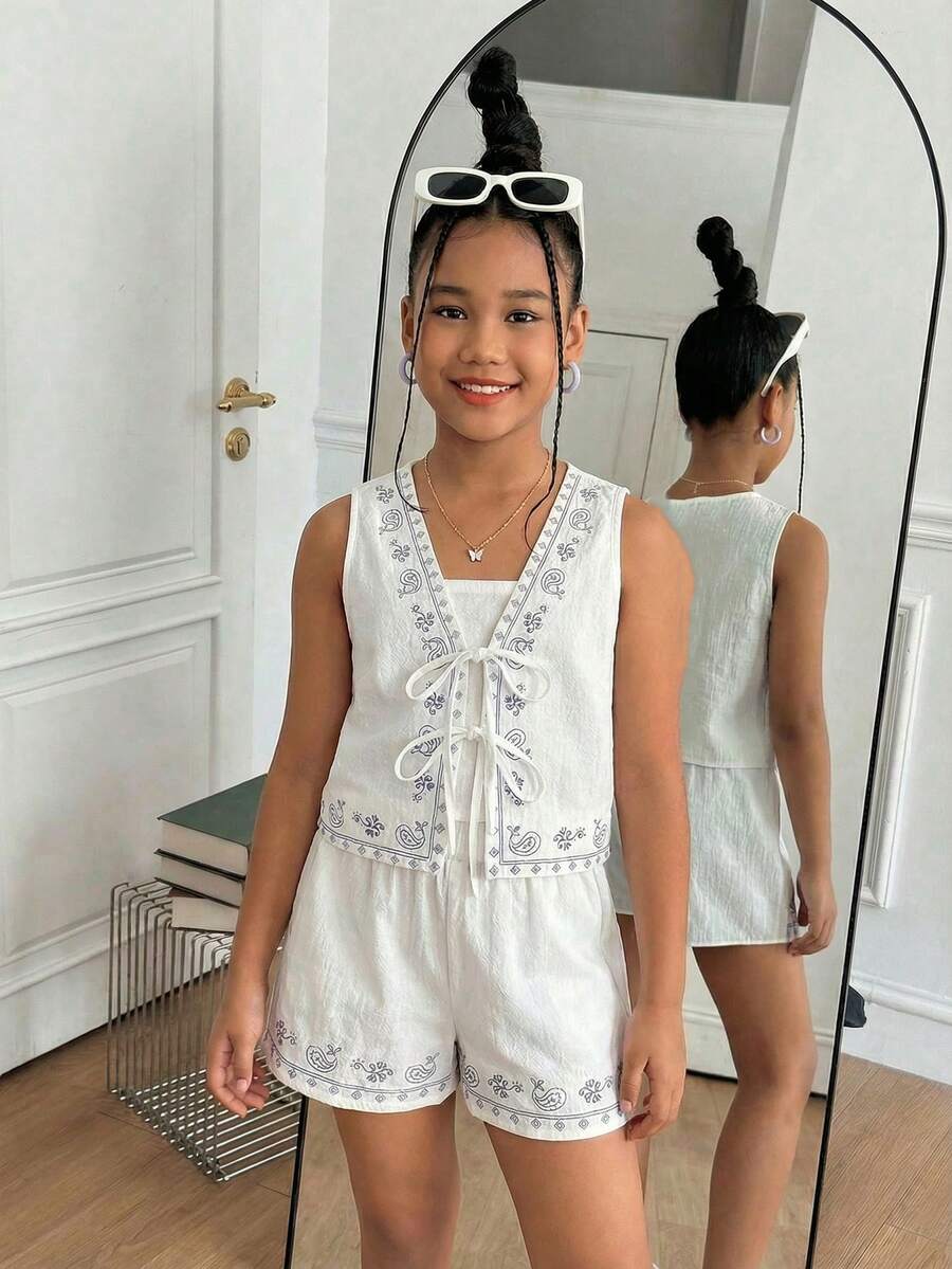 SHEIN Set de 2 piezas de top sin mangas con nudo delantero y shorts para niñas preadolescentes - Blanco - Ver 1