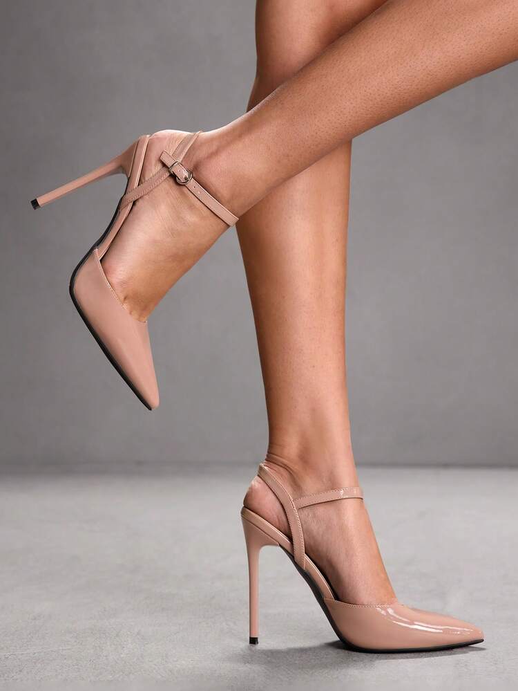 CUCCOO SZL Women's Black Pointed Toe Stiletto High Heel Sexy Evening Party Ladies High Heel Pumps With Ankle Strap And Backless Design Spring Shoes