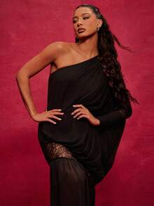 NYA SZN Dress Asymmetrical Off The Shoulder Long Sleeve Loose Bubble Hem Lace Black Flowy Date Modest Luxury Maxi Lenght Outfits For Women - Black - View 3