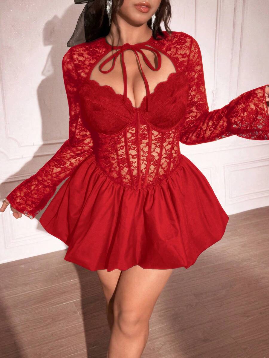 Viva Relle 大码女装春夏新年酒红色蕾丝性感镂空绷带前卫法式休闲年轻时尚弹力针织百搭舒适打底连衣裙，性感正式派对礼服，性感社交假日装，性感连体衣，正式连衣裙，年轻优雅性感拼接性感女式上衣，性感假日装，社交上衣，连体裤，黑色文胸，紧身长袖高端透明露肩修身纯色 - 紅色 - 查看 1