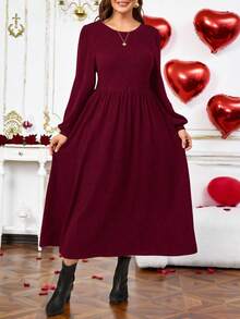 EMERY ROSE Plus Size Women's Solid Round Neck Long Sleeve Casual Textured Fleece Dress, Fall Valentine's Day - Burgundy - View 6