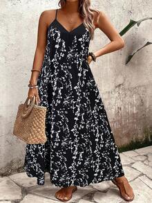 Breezaya Đầm hai dây cổ chữ V sâu, dây mảnh, nền đen, họa tiết hoa trắng, dáng rộng dành cho nữ cỡ lớn, đa năng cho kỳ nghỉ, mặc hàng ngày, đi làm, hẹn hò, đi biển, mùa hè. Hàng mới về. - Nhiều màu - Xem 1