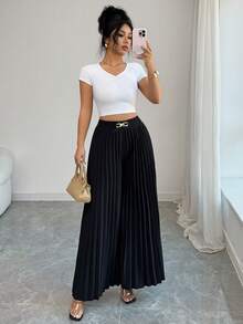 SHEIN Elenzya Quần ống rộng xếp ly kiểu mới mùa xuân, phù hợp cho đi làm, dự tiệc và nhiều dịp khác. Thích hợp cho trang phục thường ngày, đi làm, đi nghỉ mát, tiệc trà chiều, tiệc Giáng sinh và các dịp khác. Trang phục công sở cho giáo viên mùa tựu trường. - màu đen - Xem 7
