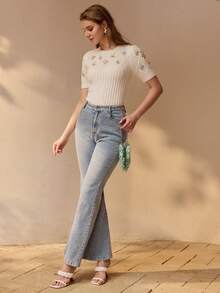 MOTF PREMIUM Áo len nữ tay phồng, thêu hoa, ôm dáng, thích hợp cho mùa xuân/hè. - Màu be - Xem 6
