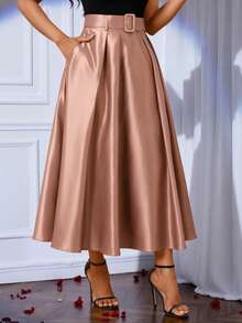 SHEIN Lady 女士优雅纯色百褶A字裙，适合通勤 - 粉色 - 查看 4