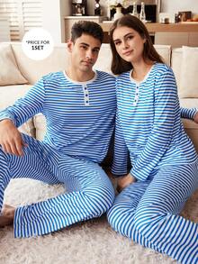 CoupledUp Set de pijamale pentru bărbați, cu mânecă lungă și pantaloni lungi, cu imprimeu contrastant și dungi, stil american casual