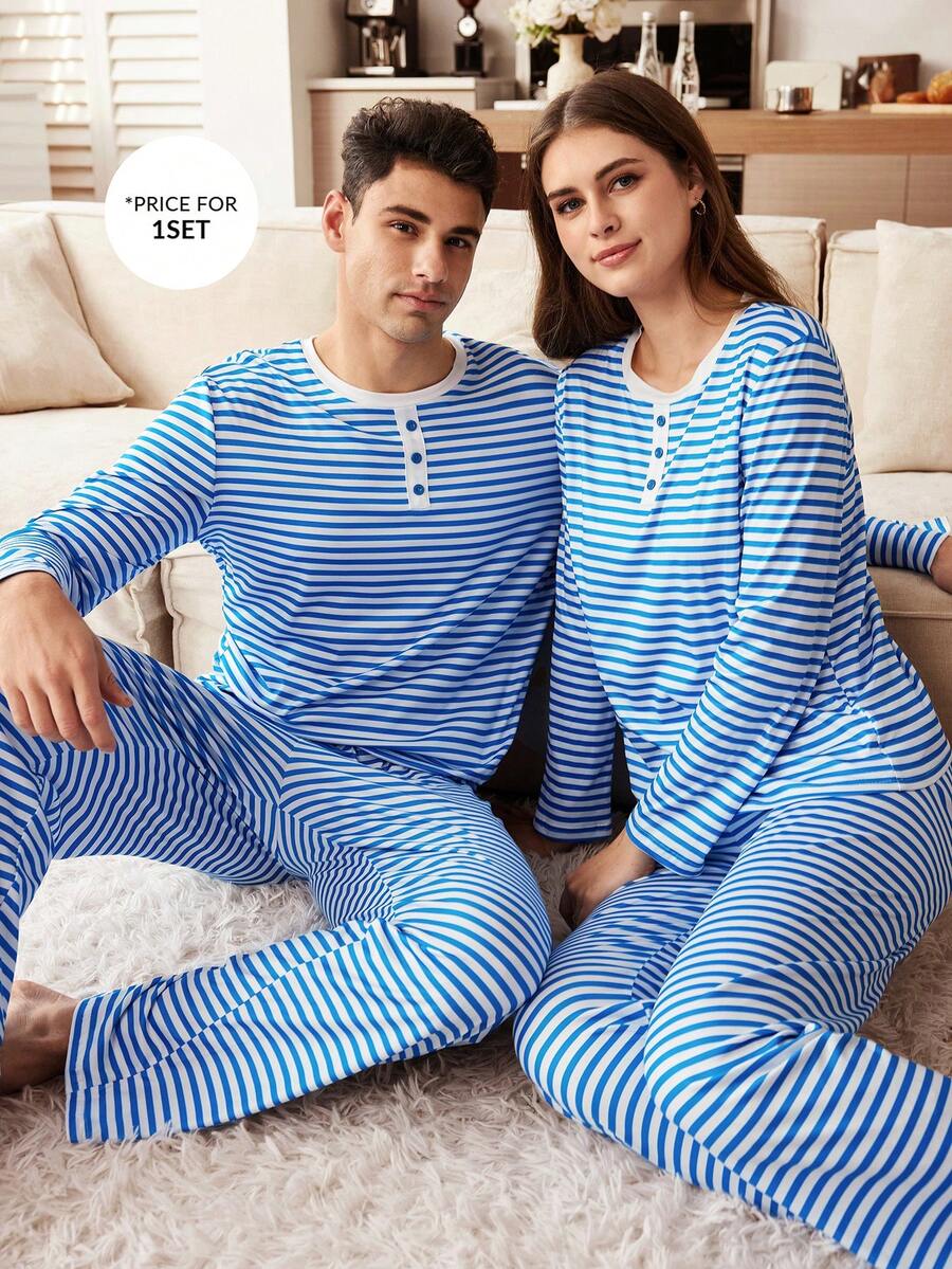 CoupledUp Set de pijamale pentru bărbați, cu mânecă lungă și pantaloni lungi, cu imprimeu contrastant și dungi, stil american casual