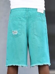 Manfinity Roughcore Celana Pendek Denim Pria Kasual dengan Efek Lusuh dan Pudar, Celana Pendek Biru Tosca Sobek dan Berumbai, Pakaian Jalanan Musim Panas, Celana Pendek Biru Tosca untuk Pria - Hijau - View 6