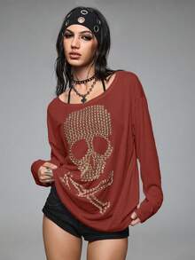 ROMWE Grunge Punk Loose Fit Oversized Scoop Neck Skull Rivet & Rhinestone Graphic Long Sleeve T-Shirt - Burgundy - View 5
